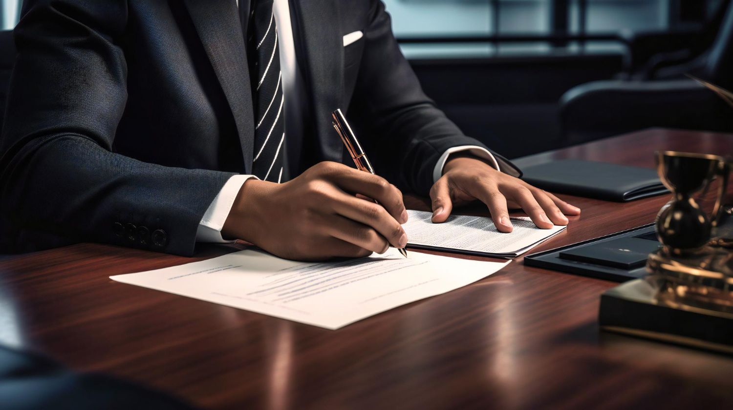 A professional in a dark suit signs a document on a wooden desk.