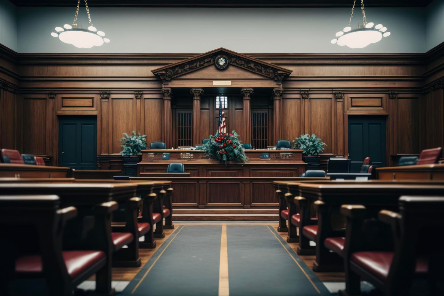 A formal courtroom features dark wood paneling and an American flag