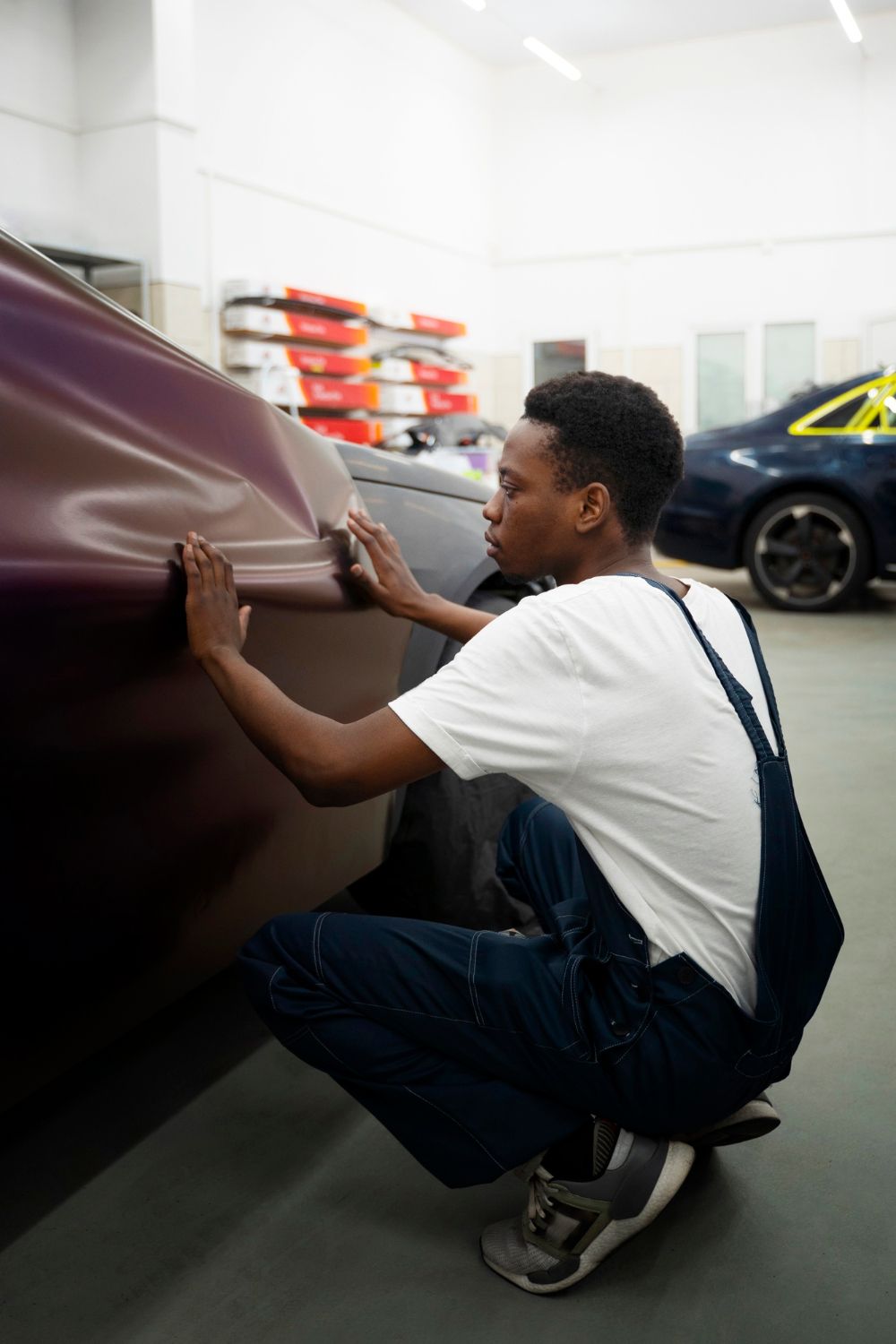 A young man in overalls carefully applies a matte purple vinyl wrap to a car