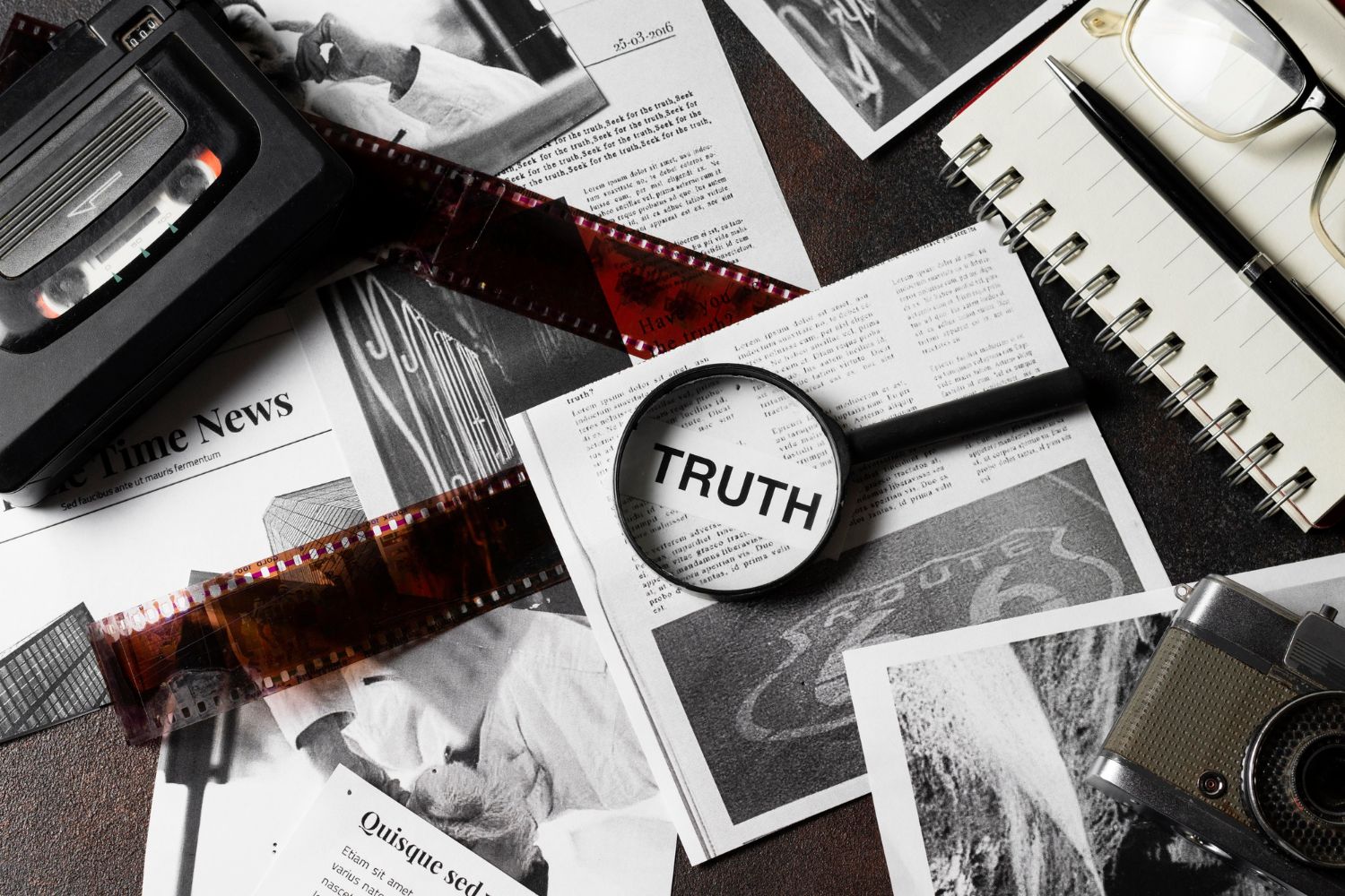 A flat lay of investigation tools including a tape recorder, film negatives, and "Time News" newspapers.