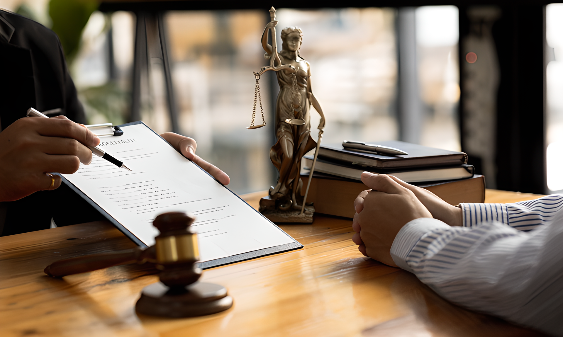 Two people review an "AGREEMENT" document with a pen at a desk adorned with a gavel and Lady Justice statue.