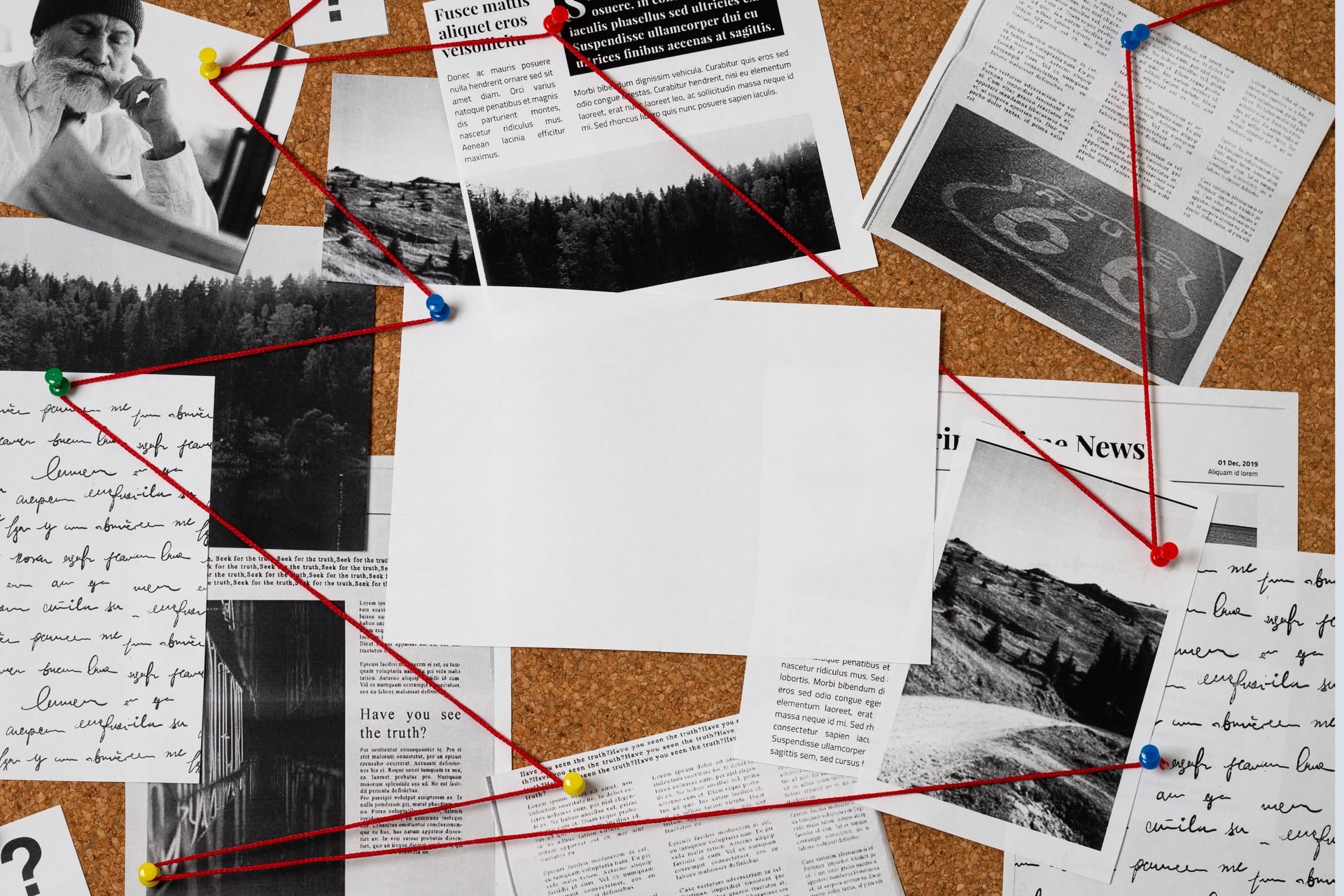 A corkboard investigation map displays photos, notes, and news clippings connected by red string.